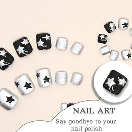 Press on Toenails - Black&Silver Glittered Press-on Pedicure Gel Nails with Stars Design, Glossy Press Toe Nails Reusable French Nail for Toe, Glue on Acrylic Fake Nails for Women, 24PCS