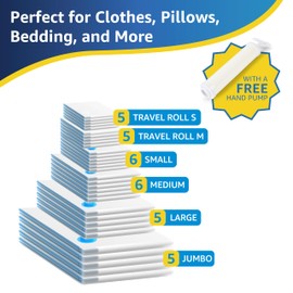 Simple Deluxe 32 Pack Compression Storage Bags, Vacuum Storage Bags, Space Saver Bags for Comforters, Blankets, Pillows and Clothes Storage, Hand Pump Included (5 Jumbo/5 L/6 M/6 S/5 Roll M/5 Roll S)