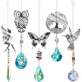 Pack of 5 Suncatcher Crystal Wind Chimes: Sun Catcher Window Tree Owls Hummingbird Butterfly Fairy Pendant, Rainbow Crystal Window Decoration Hanging for Home Office Garden Outdoor Decoration
