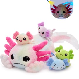 Tezituor Axolotl Stuffed Animal Glow in The Dark for Kids,31.5" Huggable Soft Salamander Plush Pillow Toy with 4 Babies Kawaii Axolotl Plushies for Birthday Gifts,Rainbow