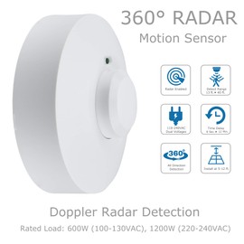 J.LUMI YCA2002 Microwave Ceiling Motion Sensor, 5.8 GHz Microwave Motion Detector Light Switch 1200W, Ceiling Mount Motion Detector, 32-ft Range, White (85-265V AC)