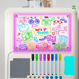 Fanrui 11.8 X 7.9” Magnetic Acrylic Dry Erase Board for Fridge with Light, RGB 7 Colors Change Dimmable LED Night Light,Clear Acrylic Magnet Luminous Message Writing Planner Board - 8 Dry Erase Marker