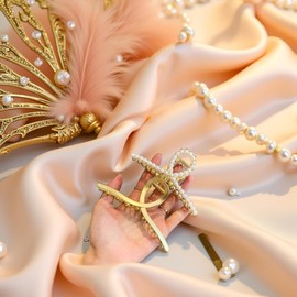 2 Pcs Large Metal Hair Claws for Women, Matte Gold with Pearls, Non-Slip Thick Hair Clips, Threaded Shining Strong Crab Barrettes for Long Hair, Hair Clips