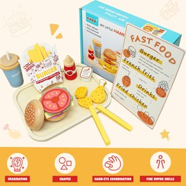 JugueteLand Wooden Pretend Play Fast Food for Kids,Play Food Sets for Kids Kitchen,Restaurant Play Set for Kids with Hamburger, Fries,Fried Chicken,Coke,Ketchup,Sauce,Gifts for 3 4 5+ Years Old