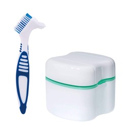 Denture Case and Brush Kit, Denture Bath Box False Teeth Container with Strainer, Dental Retainer Storage Box [Lake Green]
