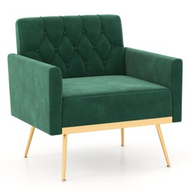 Giantex Modern Velvet Accent Chair - Mid-Century Upholstered Single Sofa Chair w/Button Tufted Back, Golden Metal Legs, Adjustable Foot Pads, Comfy Living Room Armchair for Bedroom, Emerald Green