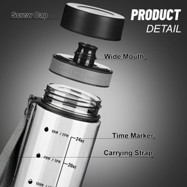 Doseno Reusable Water Bottle, 28OZ Clear Water Bottle with Time Marker, Plastic Water Bottles with Strap, Gym Water Bottles for Men, Black