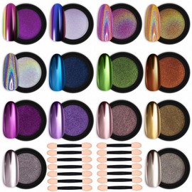 BOSPMLI 14 botes de polvos para uñas de metal cromado con efecto espejo, 14 barras de sombra de ojos, set de polvos para uñas efecto espejo