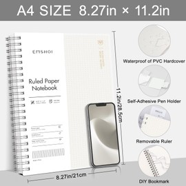 EMSHOI Lined Journal A4 Spiral Notebook, College Ruled Notebook, 300 Pages/150 Sheets, 100gsm Acid-Free Paper, Waterproof Softcover Notebook for School, Work, Writing, 8.27" × 11.2" - Transparent