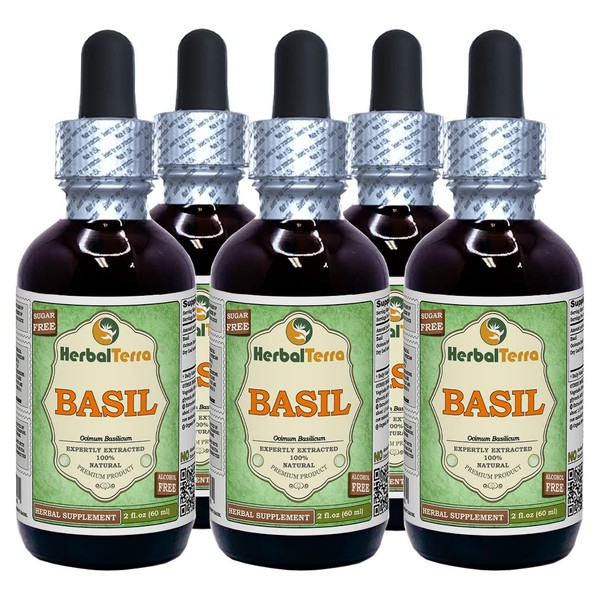 Basil (Ocimum Basilicum) Glycerite, Dried Leaves Alcohol-Free Liquid Extract (Brand Name: HerbalTerra, Proudly Made in USA) 5x2 fl.oz (5x60 ml)