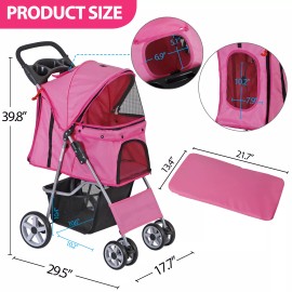 SEGAWE 4 Wheel Dog Stroller Pet Travel Carriage w//Foldable Carrier Cart &Cup Holder