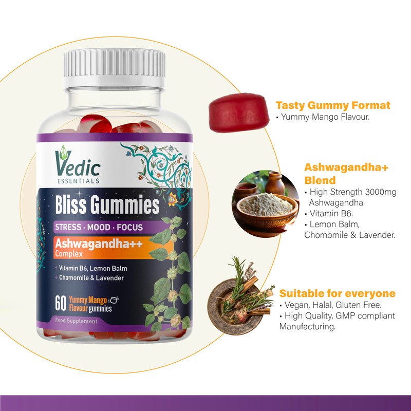 Vedic Bliss Gummies with Ashwagandha, Lemon Balm, Chamomile, Lavender, Vit