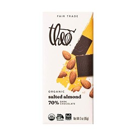 Theo Chocolate Salted Almond Organic Dark Chocolate Bar, 70% Cacao, 12 Pack | Vegan, Fair Trade