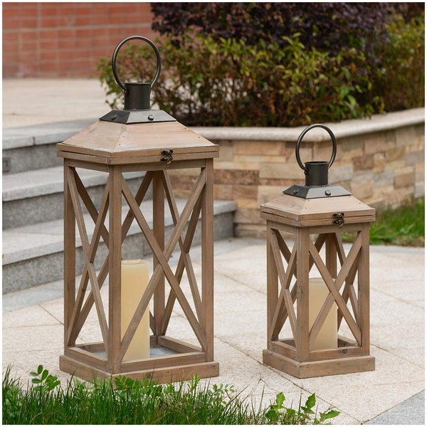 Glitzhome Mondern Farmhouse Wood Metal Lanterns Decorative Hanging Candle Lanterns