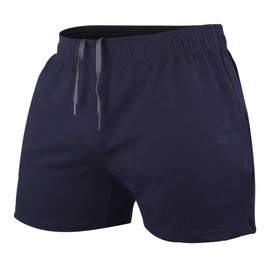 JEEING GEAR - Pantalones cortos de entrenamiento de culturismo para hombre, 3 pulgadas, 5 pulgadas, entrepierna, entrenamiento deportivo, algodón con bolsillo, Azul marino (entrepierna de 5 pulgadas),