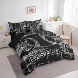 Feelyou Baseball Bedding Set Full Size Black and White Comforter Set with Sheets 7 Piece for Kids Boys Girls Decor Baseball Gaming Bed in a Bag Ombre Honeycomb Bed Set