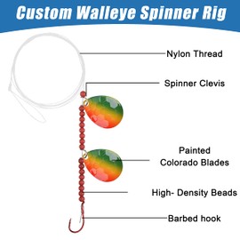 Walleye Spinner Rig Kit, 5 Pack Crawler Harness Walleye Rig Pre-Rigged Live Bait Rigs Colorado Spinner Blades Beads Octopus Hook Freshwater Walleye Fishing Lure Rigs (D+E-Walleye Rig 5pcs)