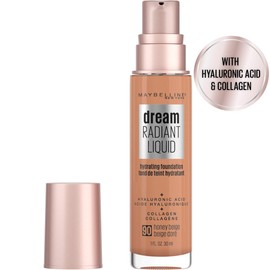 Maybelline Dream Radiant Liquid Medium Coverage Hydrating Makeup, Lightweight Liquid Foundation, Honey Beige, 1 Count