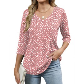 Romanstii 3/4 Sleeve Tops for Women V Neck Dressy Basics Tees Trendy Casual Loose Fit Pleated T Shirts, S