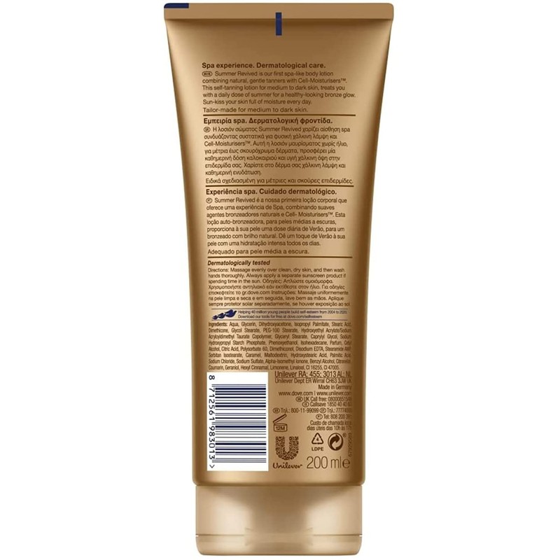 Dove Unilever DermaSpa Body Lotion Summer Revived Self-Tanning Medium to