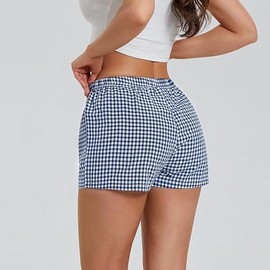 Women's Lounge Shorts Cute Soft Elastic Low Waist Plaid Print Button Front Pajama Bottoms Boxer Shorts Sleepwear Blue
