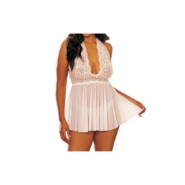Shirley of Hollywood Women's Plus Queen Flattering and Fabulous Haltered Babydoll with G String, White, One Size