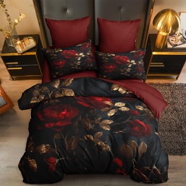 CCoutueChen Queen Size Comforter Set - 3 Pieces Red Roses Pattern Vintage Floral Bedding for Adult Women Black Flower Decor Comforter Set with 2 Pillowcases/90 * 90