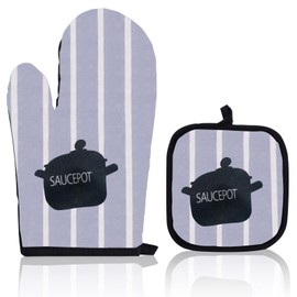 jiuzcare Oven Gloves and Pot Holder Set 26 cm Oven Glove + 17.5 cm Oven Gloves with Hook Non-Slip Heat Resistant Oven Gloves up to 250 °C Suitable for Kitchen, Casserole