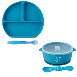 PAPU BABY Set Mis Primeros Platos -1 Plato Hondo/Bowl/Tazón y 1 Plato de Divisiones de silicón. Base de succión. Libres de BPA (Azul Indigo)