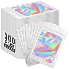 ANZNKU 300 Pcs Holographic Resealable Mylar Bags, 5.5x7.9 Inch Resealable Bags for Small Business, Smell Proof Hangover Kit Bag, Foil Zipper Pouches with Clear Window for Food Party favor(White)