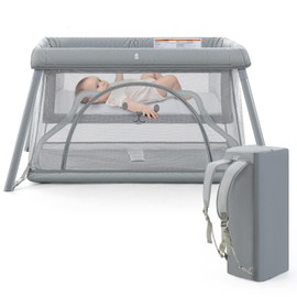 Sporary Travel Crib,Portable Crib for Baby, Pack and Play for Babies and Toddler, Lightweight Backpack Design,Foldable Travel Baby Playpen with Mattress(Light Grey)