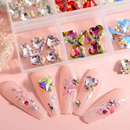 MEILINDS 30pcs 3D Heart Nail Charms Crystal AB Rhinestones Luxury Nail Diamonds with Gold Bead Pearls Heart Shape Big Rhinestones for Nails for DIY Nail Art Decoration(6 Colors)