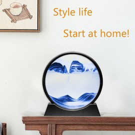 WANLIAN Moving Sand Art Picture Decor, 3D Deep Sea Sandscape Liquid Motion, Round Glass Frame Display Flowing Sand,Relaxing Home and Office Decorations (7" Blue)