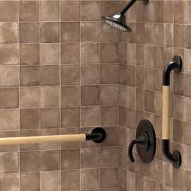 AquaChase Safety Grab Bar for Bathroom & Toilet, Natural Bamboo Handle, ADA Compliant Balance Assist Handrail for Handicap and Seniors, 16in Matte Black