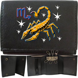 Klassek Scorpio The Scorpion Zodiac Astrology Star Sign on Brand Men Leather Wallet Keyring Key Rack with Zip Pocket and Metal Gift Box