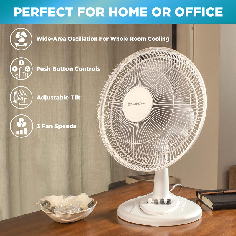 Comfort Zone 12 inch Table Fan with Adjustable Tilt, Wide