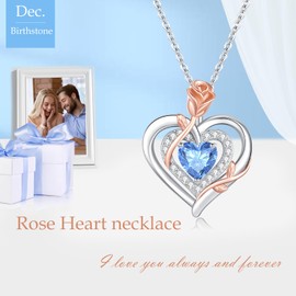 LAVUMO Women's Necklace 925 Silver Double Heart Rose Flower Chain Women's Birthstone Necklaces Mother's Day Birthday Valentine's Day Christmas Jewellery Gifts Women Mum Girlfriend, Sterling Silver, /