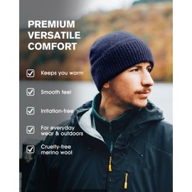 TOP-EX Winter 100% Merino Wool Trawler Fisherman Beanie Hat Men Women Warm Fleece Lined Thermal Wooly Hats for Running Golf Cold Weather Navy M/L