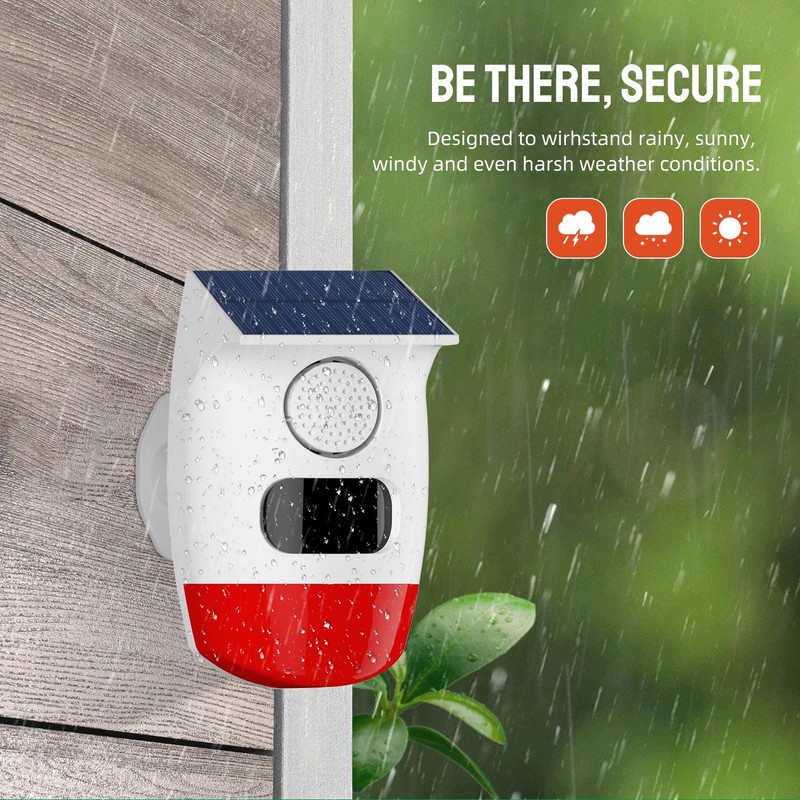 Solar Outdoor Motion Sensor Alarm, Waterproof Solar Strobe Siren Alarm