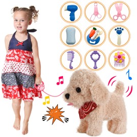 GOBRILLFUN Interactive Plush Puppy with Running, Barking and Tail Waving Function, Includes Grooming Kit, Girls and Boys, Children Aged 3, 4, 5, 6 Years (Gold)