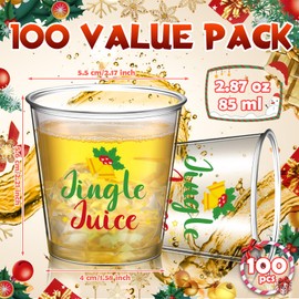 Nuogo 100 Pcs Disposable Christmas Shot Glass Bulk, 2.87oz Plastic Clear Holiday Cocktail Glasses Mini Shot Cups Decorations for Christmas New Year Party Gifts Idea Drinkware Supplies