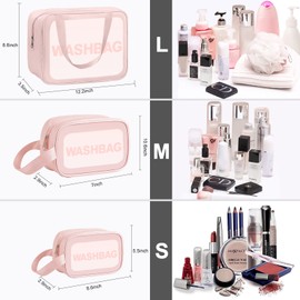 Clear Toiletry Bag, 3PCS Makeup Cosmetic Bag Waterproof PVC Large Capacity Wash Bags for Women Girls (Pink)