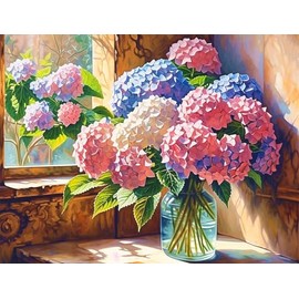 NUFTVI Hydrangeas Diamond Art Kit - 12"x16" Round Full Drill Floral Canvas, Premium DIY Craft for Adults, Therapeutic Wall Decor & Home Office Decoration