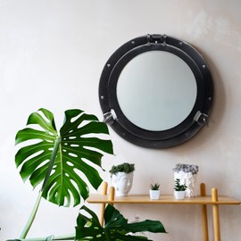 inanosa 12" Antique Wall Mounted Premium Aluminium and Steel Alloy Vintage Ship's Porthole | Bathroom Window Mirror | Pirate's Maritime Nautical Themed Decor - 1 Pc, Black Finish