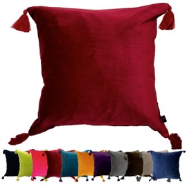 Ragged Rose Velvet Cushion Covers - Sasha Square Tassel Cushion Covers 45cm x 45 cm - Soft, Elegant, Luxury Cotton Velvet Fabric Pillow Cases for Lounge Area & Bedroom, Red