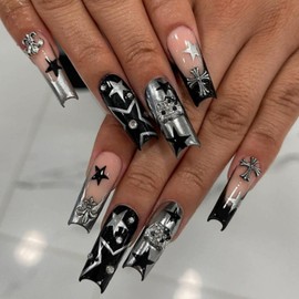 French Tip False Nails - Long Coffin Gothic Press On Nails with Accessory Tools, Black and Silver Fake with Star Cross Kitty Design, Removable Full Cover Stick On for Women Art
