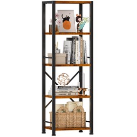 Furologee 5 Tier Tall Bookshelf, Rustic Narrow Bookcase, Display Standing Shelf Units, Metal and Wood Storage Shelves Organizer for Bedroom, Living Room, Home Office, Entryway, Kitchen, Rustic Brown