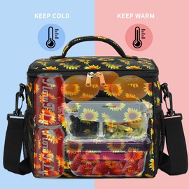 FlowFly Insulated Lunch Bag Adult Lunch Box Large Cooler Tote Bag for Men, Women, with Adjustable Strap,Front Pocket and Dual Large Mesh Side Pockets,Sunflower