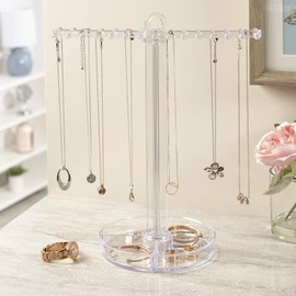 STORi Clear Plastic Necklace Holder with 30 Individual Pegs and Divided Jewelry Tray