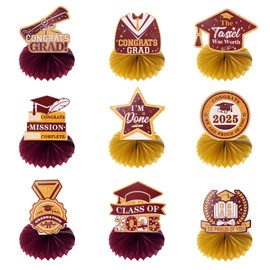 hoyuwak 9 PCS Graduation Party Decorations Graduation Table Centerpiece Class of 2025 Glitter Graduation Honeycomb Table Toppers for Graduation Party Supplies Decor, Red